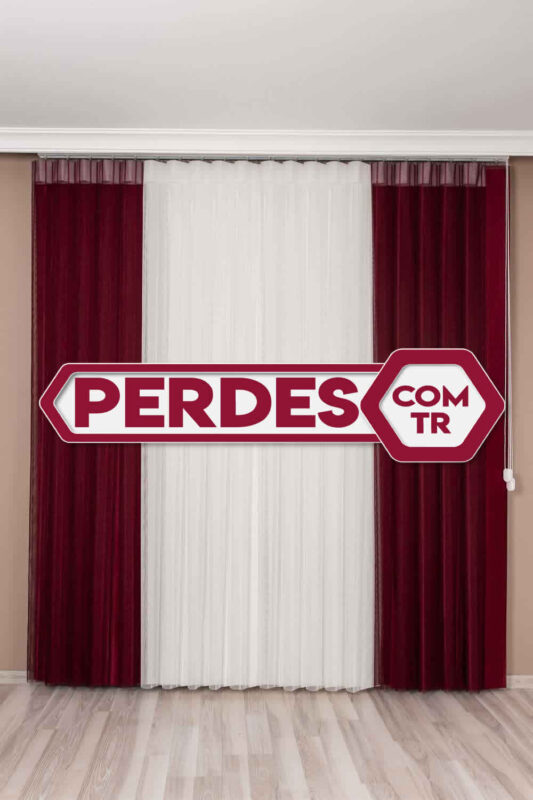 Bordo Ekru Renkli Dikey Tül Perde