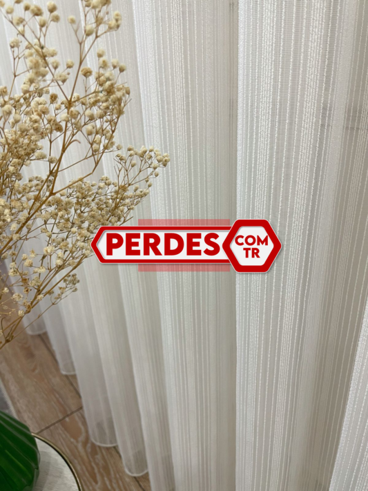 Modern Çizgili Ekru Krem Tül Perde Modelleri - Görsel 3