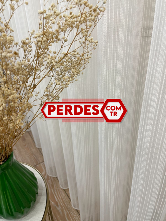 Modern Çizgili Ekru Krem Tül Perde Modelleri - Görsel 4