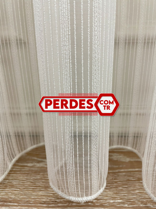 Modern Çizgili Ekru Krem Tül Perde Modelleri