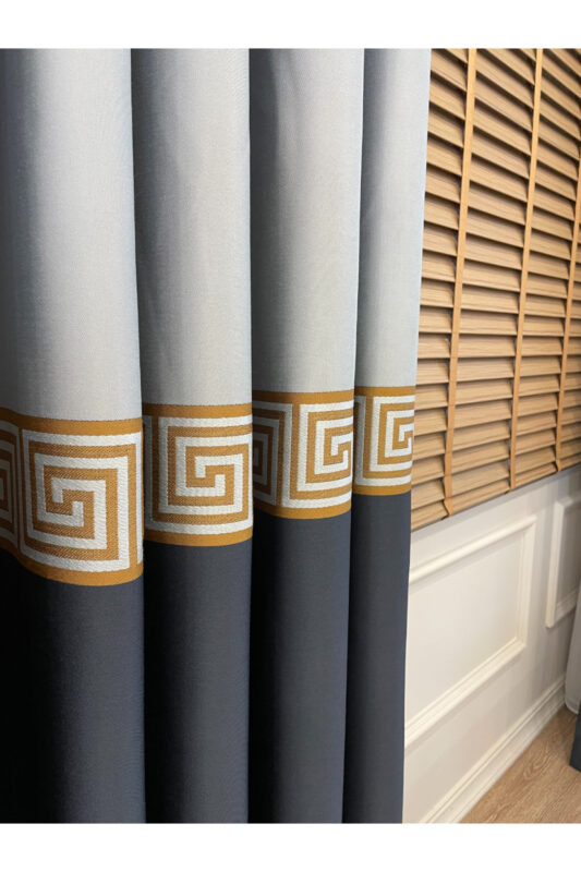 Versace Pano Desenli Jakar Fon Perde-Alt Antrasit Gri Üst Gri