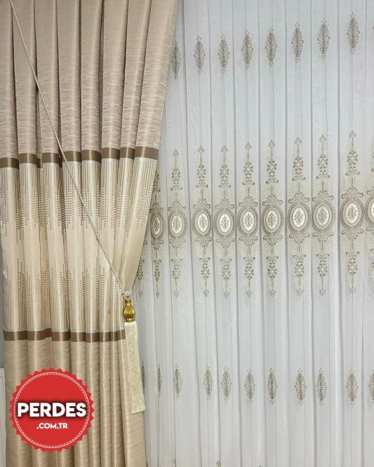 Gold İşlemeli Tül Salon Perdesi Fırsat Ürünü - Görsel 5