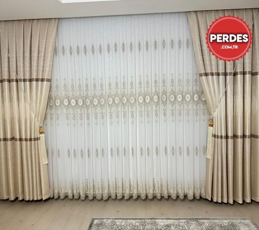 Gold İşlemeli Tül Salon Perdesi Fırsat Ürünü