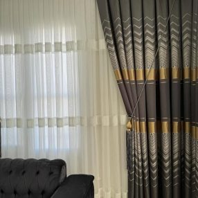 Gold Detaylı Antrasit Jakarlı Fon Perde
